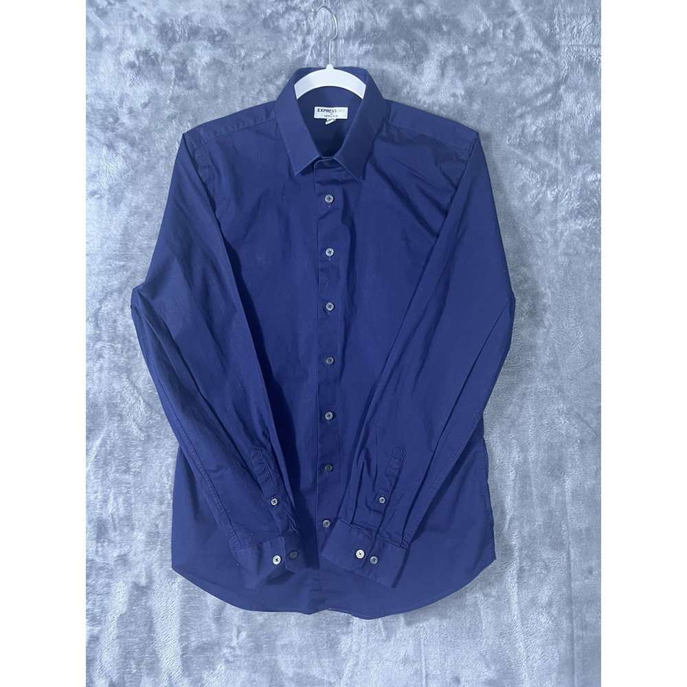 Express 1MX Extra Slim Fit Shirt Mens Medium Navy Blue Long Sleeve Button Down